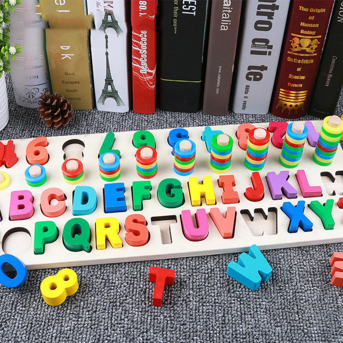 Colorful geometric puzzle for children: Alphabet and Numbers