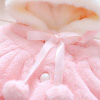 Close-up of the Samantha Rabbit Hood Coat featuring soft plush fabric and rabbit ear hood.