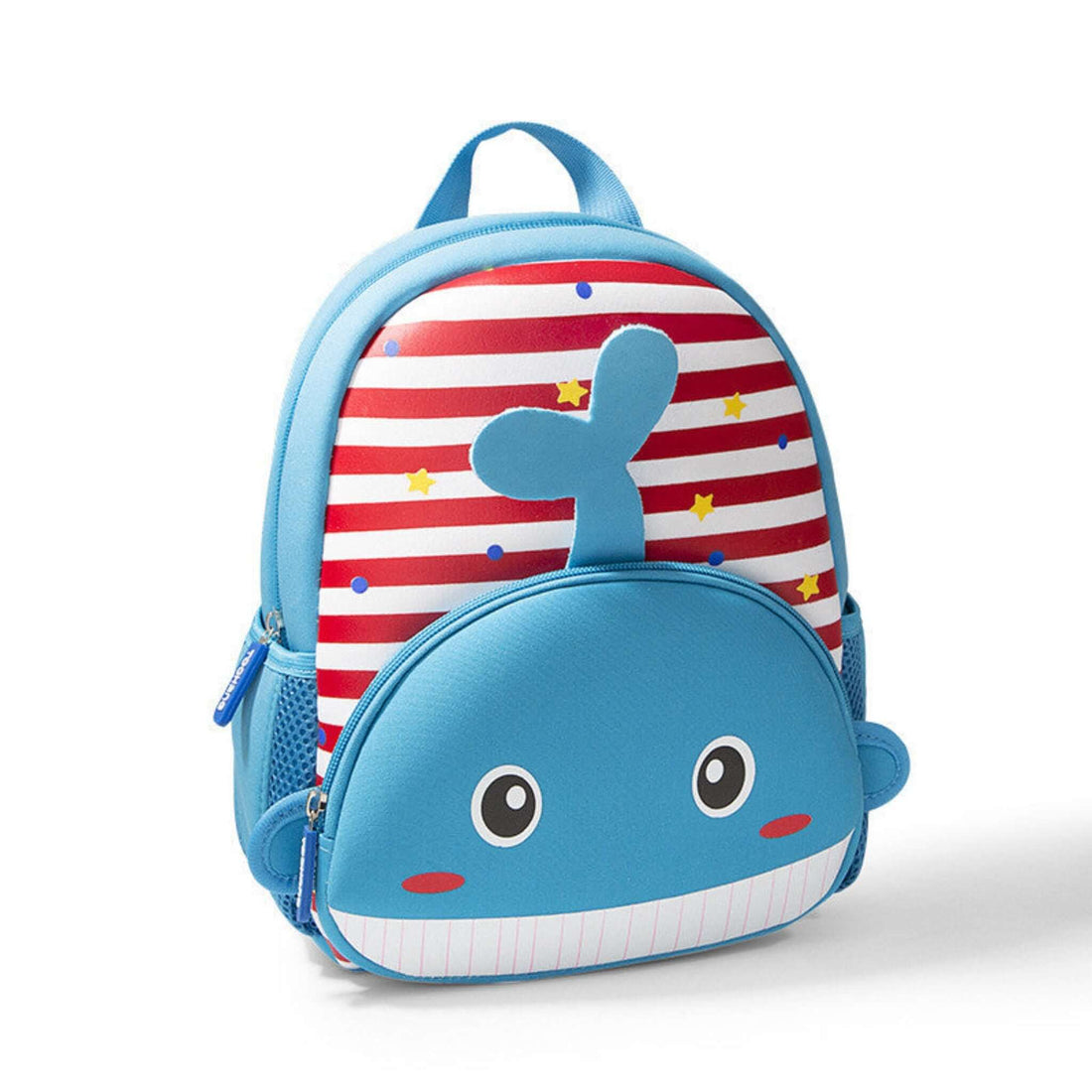Child wearing a cartoon backpack for kindergarten