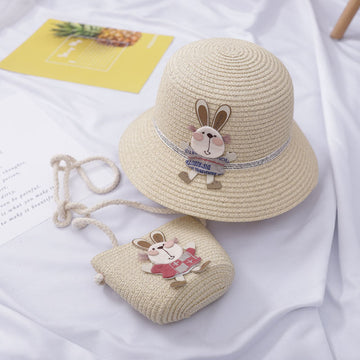 Cute straw hat and bag set with rabbit decoration