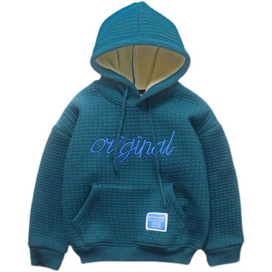 Soft and warm boys' hoodie made of whole velvet fabric with a cozy hood.