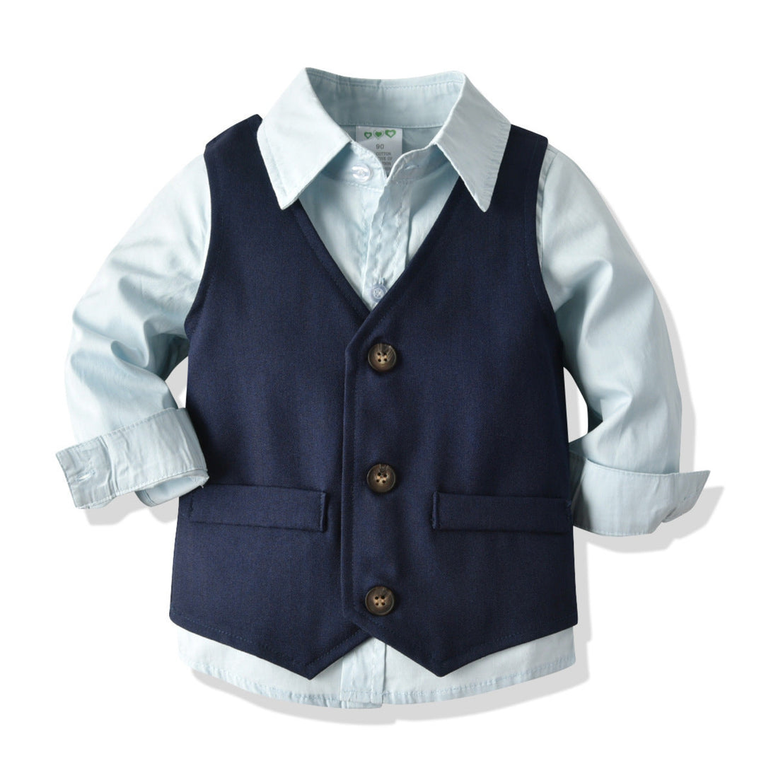 Elegant formal boy's dress suit with shirt, trousers, and vest.
