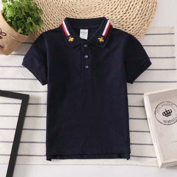 Boys' collared shirt with a two-button placket, available in black color.