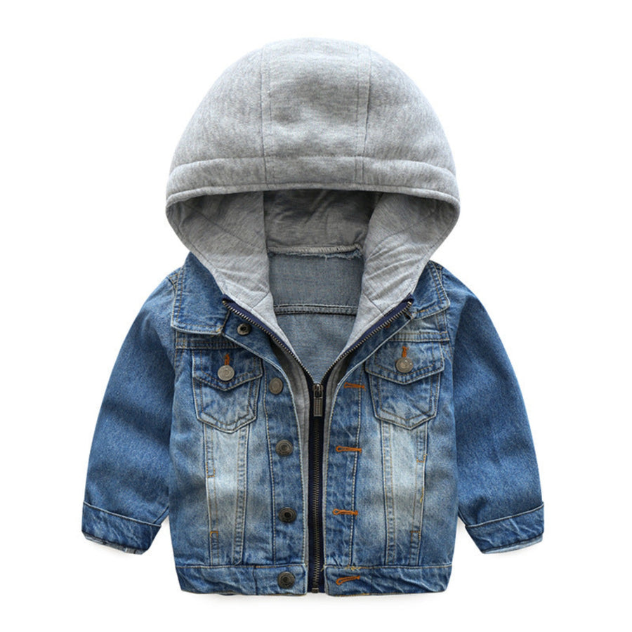 Boy wearing a stylish washed soft denim jacket with button closures.