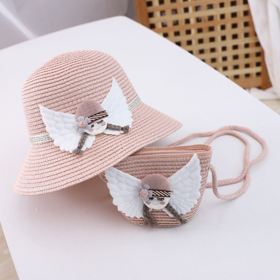 Stylish straw hat and bag pink set for children