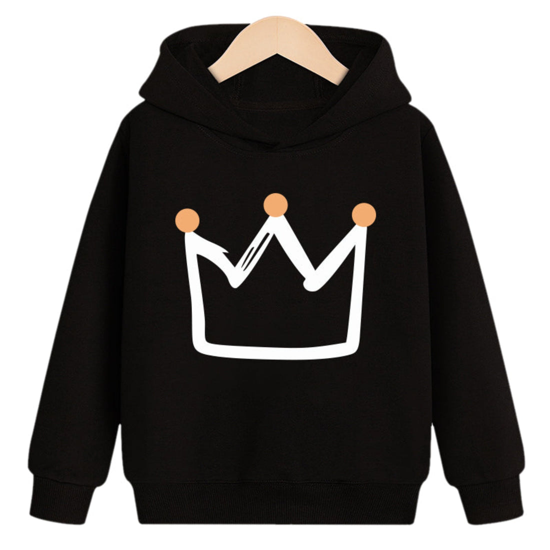 Close-up of a plush velvet sweatshirt for kids with a crown design on the hood.
