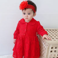 Front view of an elegant baby girl dress designed for special occasions.