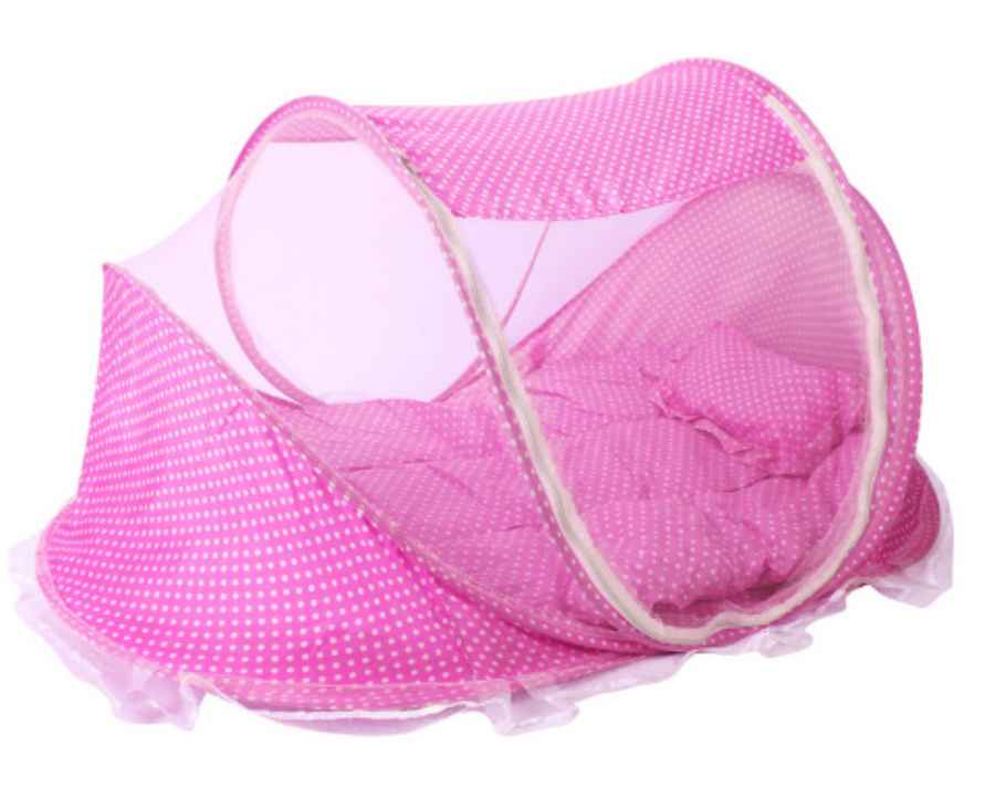 Pink foldable baby bed set with mosquito net