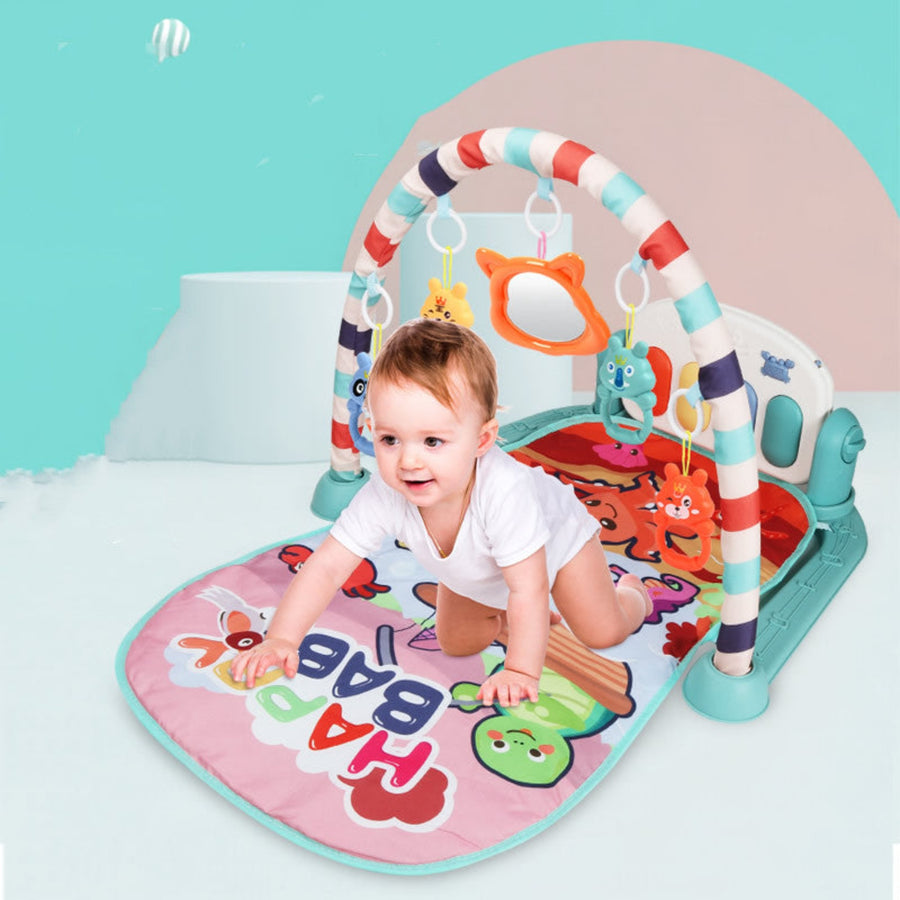 Interactive baby play gym with hanging toys and piano