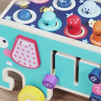 Wooden pounding bench with animal bus